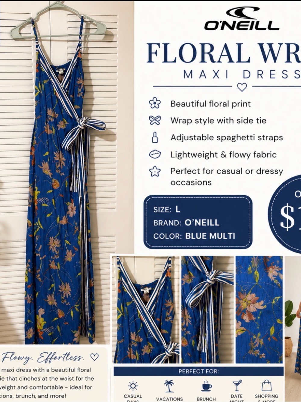 O'Neill Blue Floral Wrap Maxi Dress with Striped Tie